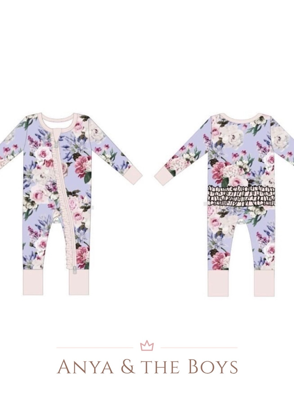 Lavender Floral Ruffle Zipper Bamboo Romper
